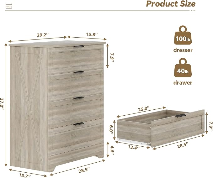 Farmhouse 4 Drawer Dresser for Bedroom, Tall Bedroom Dresser, Rustic Gray | Changing Table Dresser with Large Drawer, Wooden Storage Organizer Cabinet Chest of Drawer for Closet, Living Room, Hallway