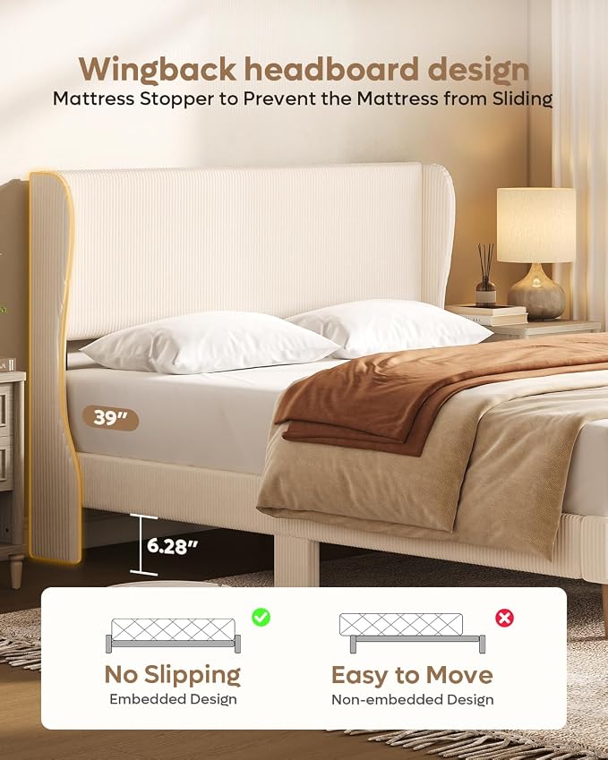 Bestier Queen Bed Frame with Wingback Headboard,Upholstered,Beige | Easy Assembly,Wingback Headboard,No Squeaks,Vertical Channel Corduroy Upholstered,Wooden Slats Support,No Box Spring Needed
