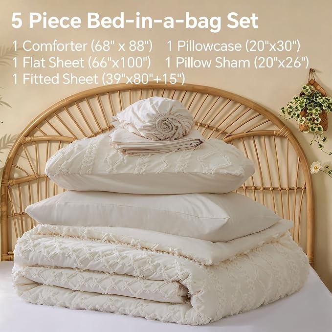 BEDELITE Twin XL Comforter Set 5 Pieces,Boho Bed in a Bag,Cream White | Tufted Bed Set for All Seasons,Soft Farmhouse-Style Embroidery Bedding,Includes Flat & Fitted Sheets,1 Pillowcase & 1 Sham