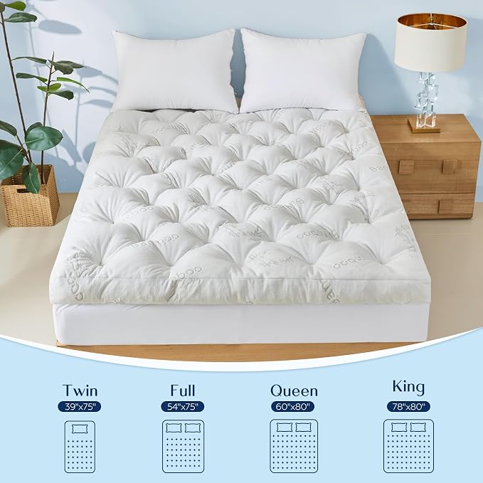 5 Inch Cooling Bamboo Mattress Topper Full Size,54x75 in,2000 GSM | Full Bamboo Mattress Pad Cover,Gel Memory Foam Filling,Viscose Made From Bamboo Pillow Top,Pain Relief,For Hot Sleppers