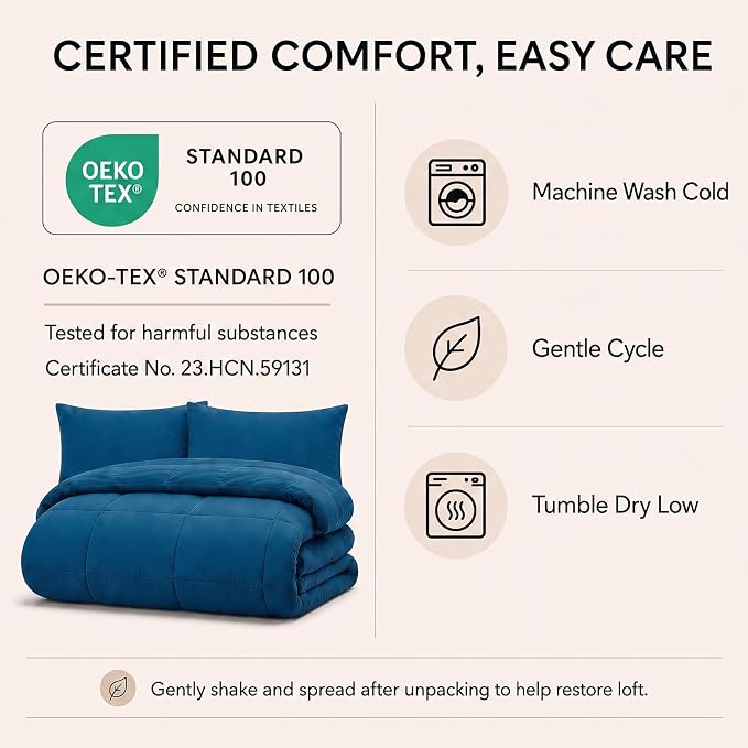Queen Comforter Set Teal - 7 Pieces Bed in a Bag | OEKO-TEX Certified, All-Season, Bedroom, Guest Room, Down-Alternative Comforter + Flat & Fitted Sheets + 4 Pillowcases