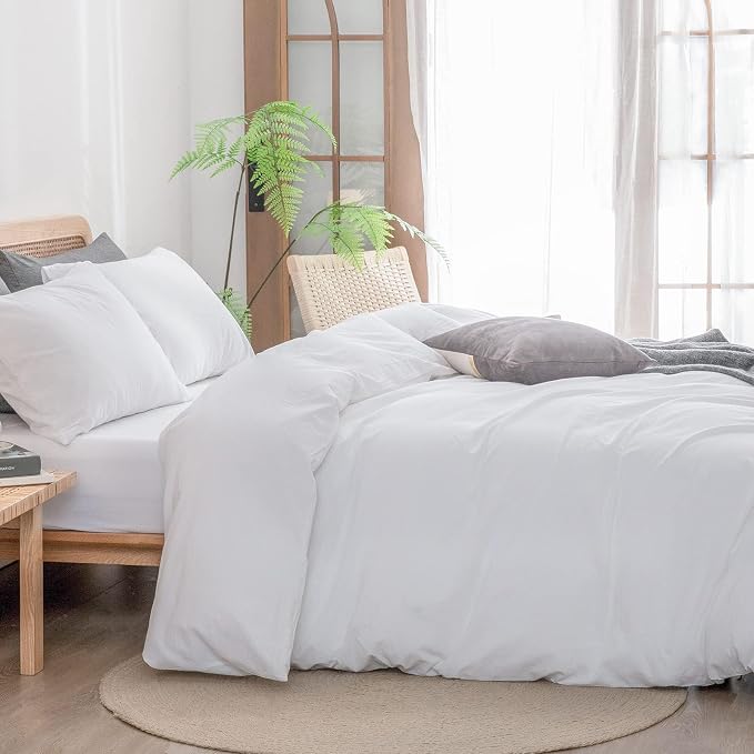 BESTOUCH Cotton Solid Duvet Cover Set Linen Feel Bright White Alaska King | 100% Washed Cotton, Soft Wrinkle Texture, Hidden Zipper, 8 Ties, Breathable Lightweight Durable Comfy, 3 Pcs No Insert
