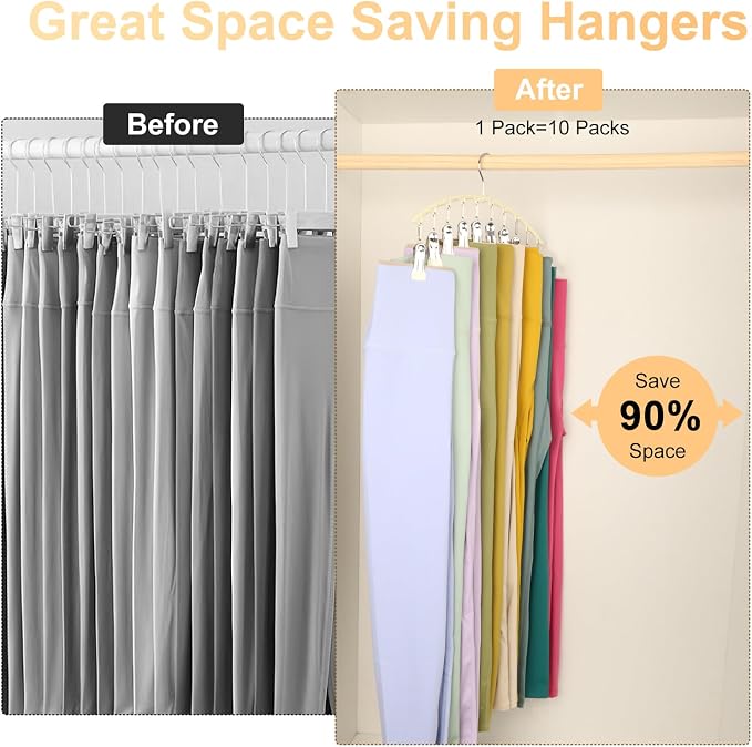 Volnamal Legging Organizer for Closet,2 Pack Metal Yoga Pants Hangers,Ivory | Clothes Hanger w/10 Clips Hold 20 Leggings,Space Saving Hanging Closet Organizer College Dorm Essentials Apartment Essential