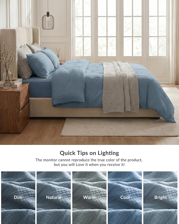 SE SOFTEXLY Muslin Duvet Cover King Size, 100% Washed Cotton Duvet Cover Set, Ultra Soft Comforter Cover Linen Like, 3 Pieces Minimalist Gauze Duvet Cover with 2 Pillowcases, 90"x104", Blue