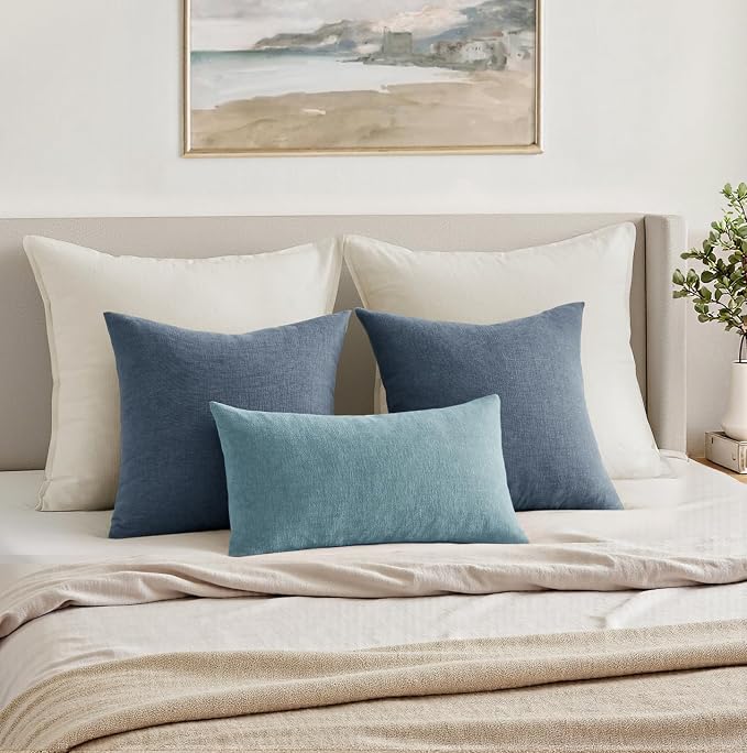 MIULEE Smoke Blue Chenille Couch Lumbar Throw Pillow Covers, 12x20 | Set of 2, Soft Coastal Home Decor, Modern Farmhouse Decorative Pillowcases for Sofa Living Room Bed