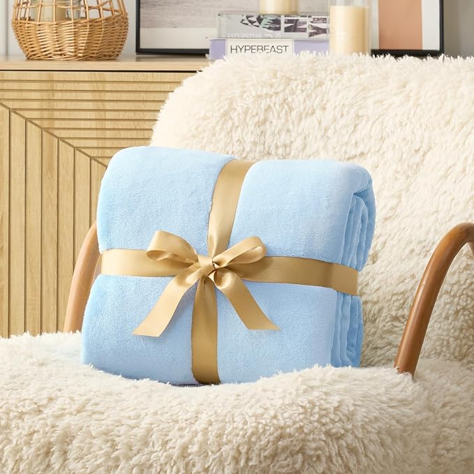 Hansleep Throw Light Blue Fleece Blanket, Soft Flannel Bed Blanket | Fuzzy Cozy Blanket 50x60 Inches, Multi-use for Bed, Sofa, Couch, Travel, Camping, All Season Warm Lightweight Cover