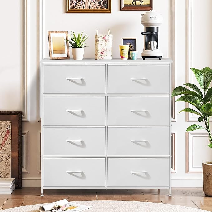 8-Drawer Dresser for Bedroom, Anti-Tip Tall Storage Organizer | Chest of Drawers with Wooden Top and Metal Frame Fabric Bins for Closet, Living Room, Hallway, Entryway, White