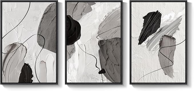 Large Framed Modern Abstract Wall Art for Living Room, 3 Piece 24x36 Inch | Black White Gray Canvas Prints, Modern Paintings, Minimalist Artwork, Abstract Pictures, Bedroom Hallway Office Wall Decor