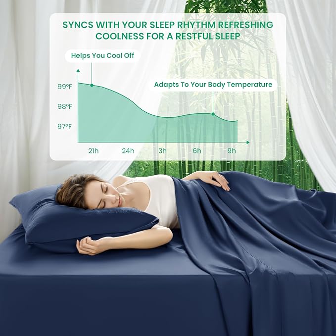 SONORO KATE 100% Viscose Derived from Bamboo_Sheets Full Size,4PC | Cooling Bed Sheets for Hot Sleepers,Soft Breathable & Silky,16" Deep Pocket,Luxury Hotel Bedding,Navy Blue