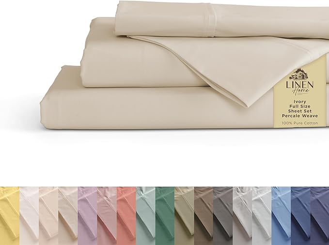 Linen Home 100% Cotton Percale Sheets Full Size, Ivory, Deep Pocket, 4 Pieces Set - 1 Flat, 1 Deep Pocket Fitted Sheet and 2 Pillowcases, Crisp Cool and Strong Bed Linen