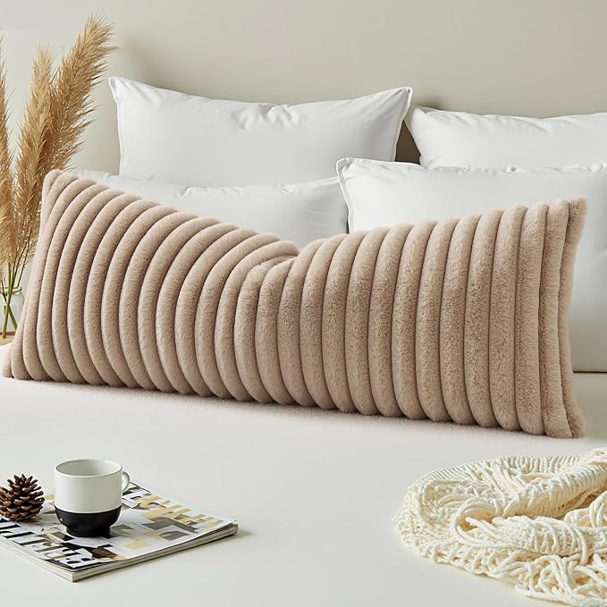 decorUhome Fall Faux Fur Throw Pillow Covers 14x36 Pack of 1 Khaki Brown | Decorative Soft Cozy Striped Plush Modern Farmhouse Boho Couch Pillow Cases Velvet Back for Sofa Bed Living Room Home Decor