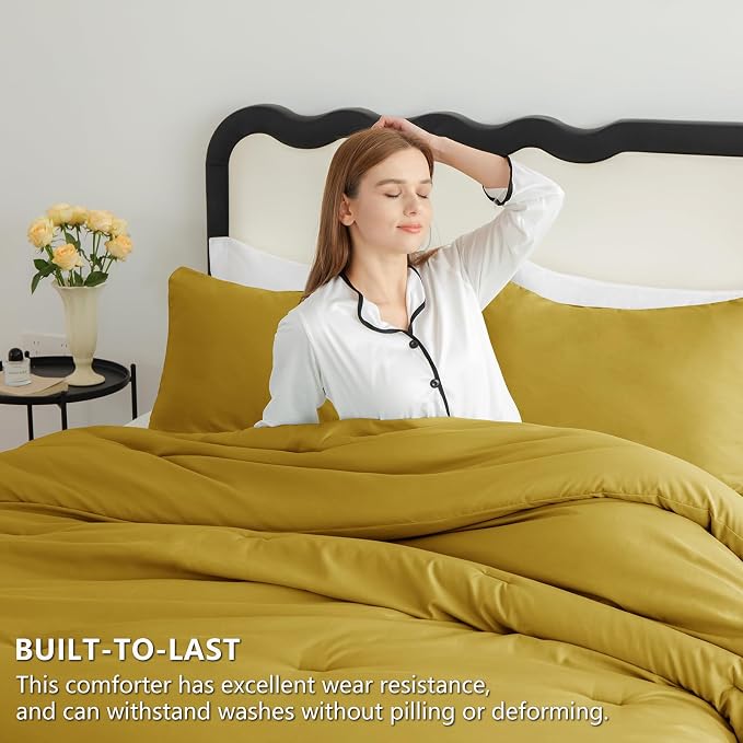 Queen Comforter Set 3-Piece Down Alternative Bedding Mustard Yellow | 270 GSM All Season Comforter with 4 Corner Ties for Use as a Duvet Insert, OEKO-TEX Certified, 2 Pillowcases, 88 x 88 in