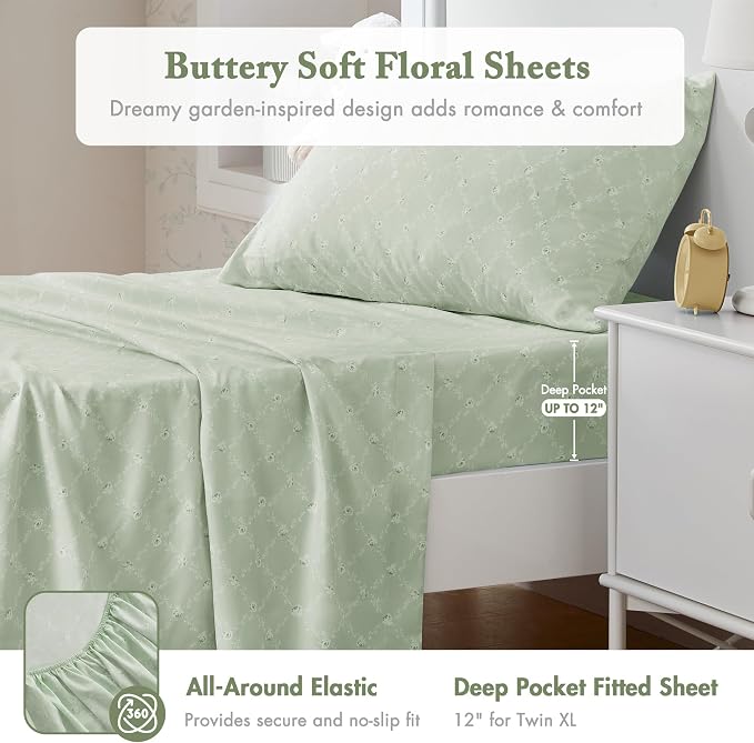 Madison Park Essentials Green Floral Comforter Set with Sheets Twin XL,5pc | Reversible, Elegant College Dorm Bedding, Ruffle Bed in a Bag, All Season, Machine Washable, Wrinkle Resistant, Ultra Soft