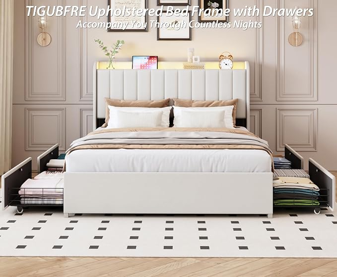 Queen Bed Frame with 4 Drawers and Storage Headboard, Upholstered Platform Bed Frame Queen Size with Led Lights and Handy Charging Station, No Box Spring Needed, Easy Assembly, Noise Free, Beige