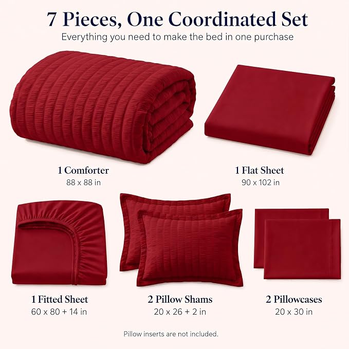 Queen Comforter Set, 7 Pieces Dark Red Seersucker Bed in a Bag | OEKO-TEX Certified, All Season Bedding Set with 240 GSM Down Alternative Comforter, Flat & Fitted Sheets, Pillowcases & Shams