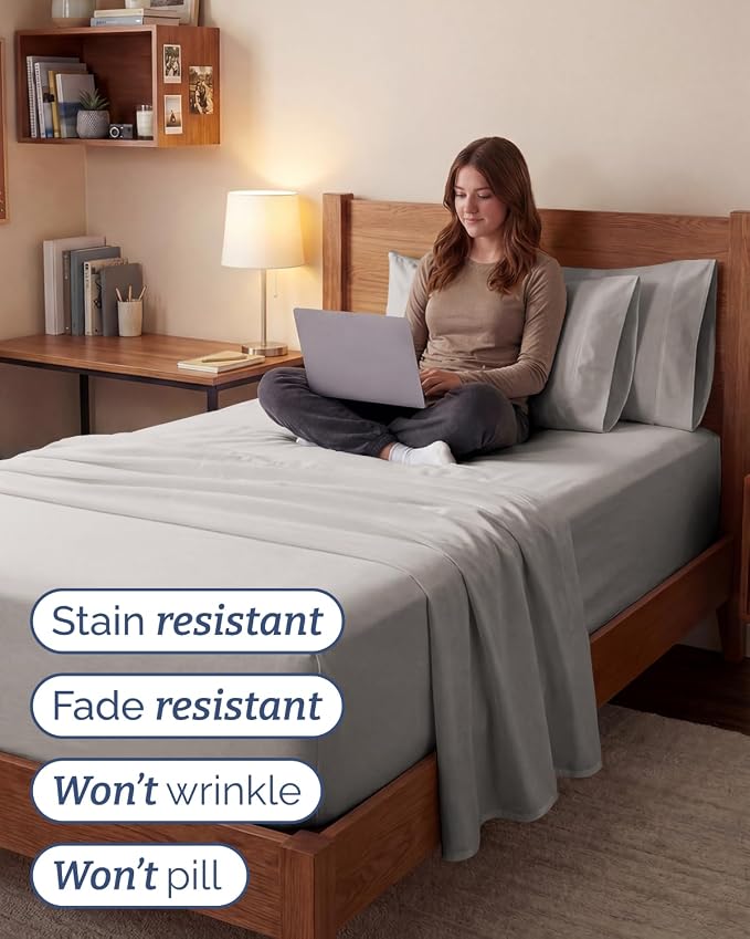 Extra Deep Twin XL Sheet Set - 4 Piece College Dorm Room - Light Grey | College Dorm Room Essentials, Easy & Secure Fit, Ultra-Soft, Wrinkle & Fade Free, Comfy Sheets Set with Extra Deep Pockets