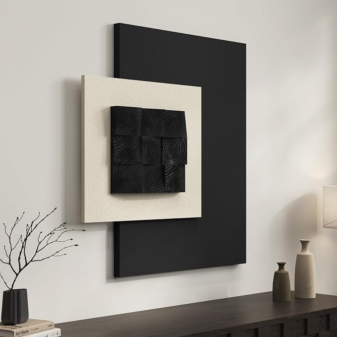 Large Wood Abstract Wall Art for Living Room, Modern 3D Artwork for Walls | Black and white textured paintings, Big woodern layered sculpture, Bedroom dining room office wall decor aesthetic