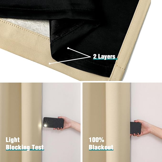 ChrisDowa 100% Blackout Curtains for Bedroom 45 Inches Long 2 Panels Set | 2 Thick Layers, Thermal Insulated, Light Blocking, Grommet, Window Treatment, Living Room Drapes, Beige, 42 x 45 Inch