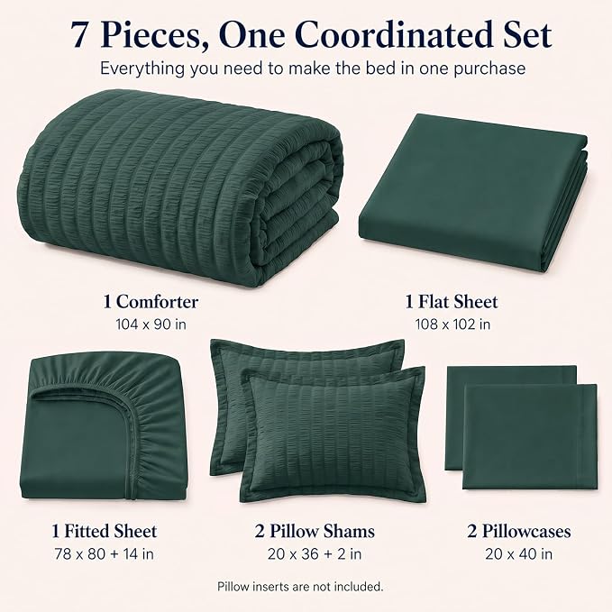 King Comforter Set, 7 Pieces Forest Green Seersucker Bed in a Bag | OEKO-TEX Certified, All Season Bedding Set with 240 GSM Down Alternative Comforter, Flat & Fitted Sheets, Pillowcases & Shams