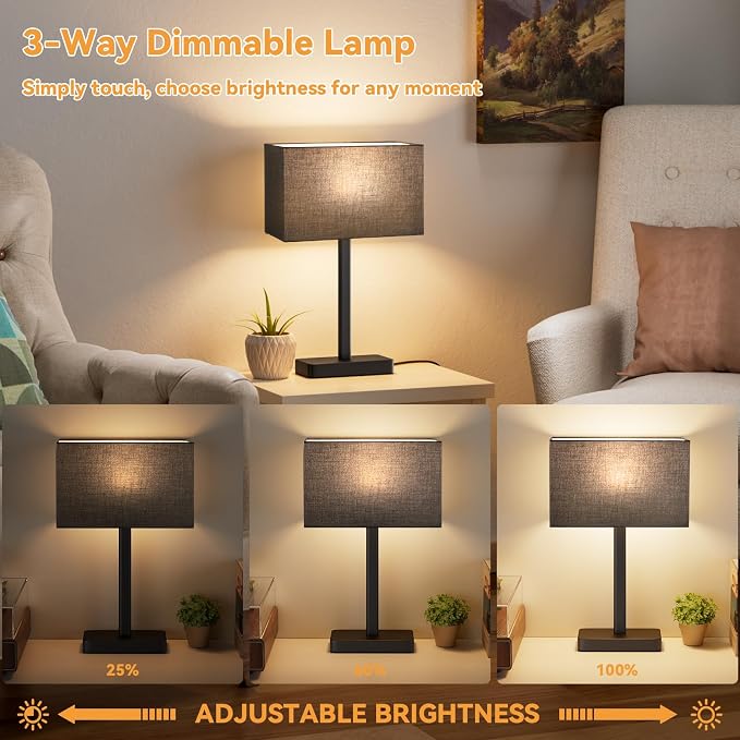 Touch Lamps for Nightstands Set of 2, Dimmable Black Bedside Table Lamp | Modern Table Lamp for Bedroom, Black Desk Lamp for Living room, with USB C+A, End Tables Bed Side, Bulb Included