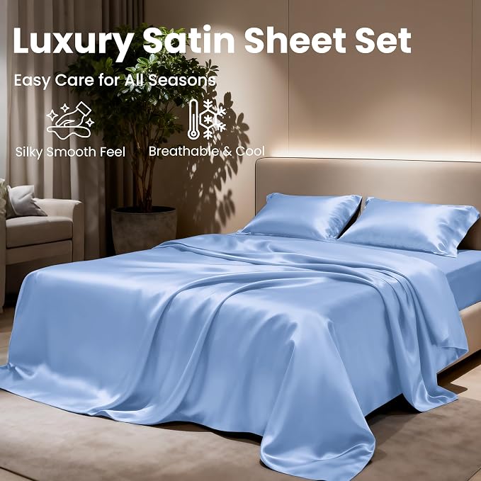 Love's cabin Full Size Satin Sheet Sets - 4 Piece Sky Blue Silky Sheet Set Full with Deep Pocket, Luxury Silk Feel Bed Sheets Full Bedding Set (1 Flat Sheet,1 Fitted Sheet,2 Pillow Cases)