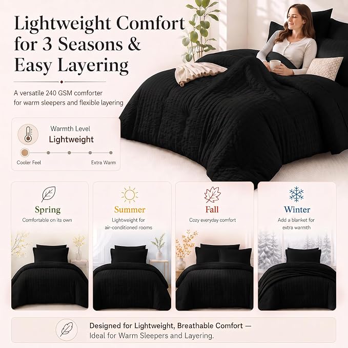 California King Comforter Set 7-Piece Black Seersucker Bed in a Bag | OEKO-TEX Certified, Cal King Bedding Sets with 240 GSM Down Alternative Comforter, Flat & Fitted Sheets, Pillowcases & Shams