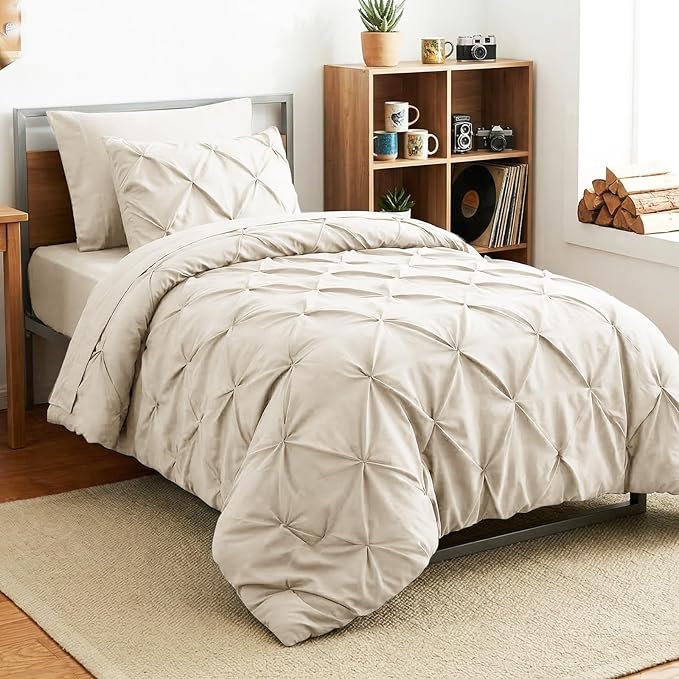 HIMEET Twin Comforter Set Beige - 5 Pieces Pintuck Bed in a Bag | OEKO-TEX Certified, 240GSM Down Alternative Comforter, 14" Deep Pocket Fitted Sheet + Flat Sheet + 1 Pillowcase + 1 Sham