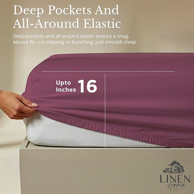 Linen Home 100% Cotton Percale Sheets Twin Size, Damson Berry, Deep Pocket, 3 Pieces Set - 1 Flat, 1 Deep Pocket Fitted Sheet and 1 Pillowcase, Crisp Cool and Strong Bed Linen