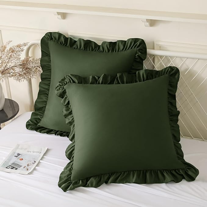 KKJIAF 2 Pack Ruffle Pillow Cases 18x18 Inches, Olive Green | Square Ruffled Pillow Covers, Microfiber Wrinkle Resistant Pillow Shams with Envelope Closure for Sofa Bed Living Room