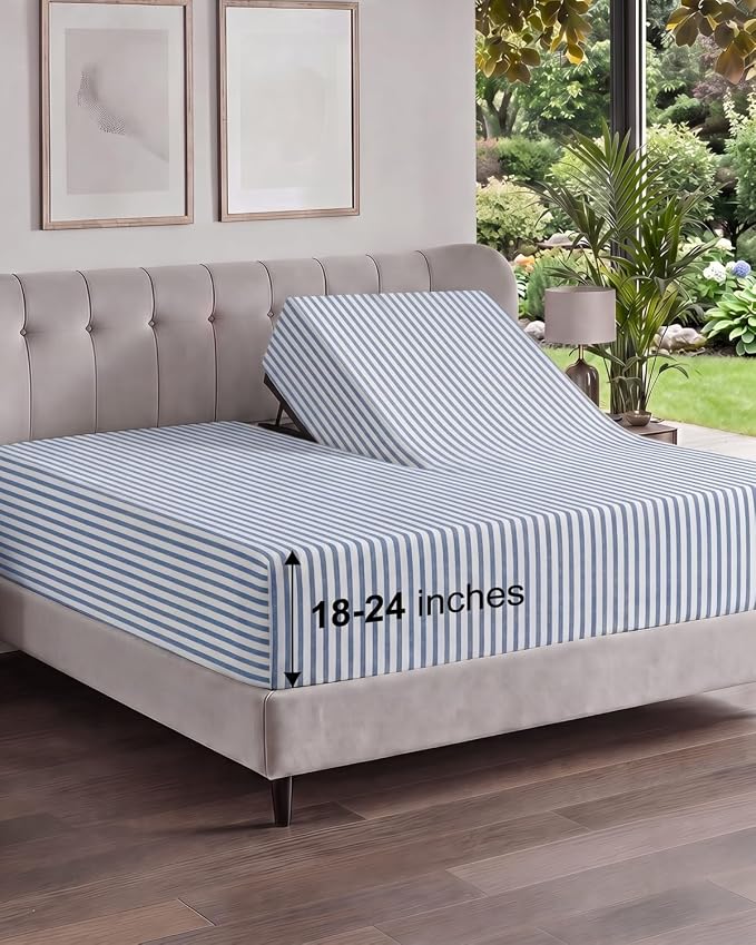 Extra Deep Flex Top Split Head King Fitted Sheet Only - Blue Stripes | Easily Fits 18 inch to 24 inch Mattress, Soft, Wrinkle Free, Breathable & Comfy, Extra Deep Pockets Hotel Luxury Fitted Sheet