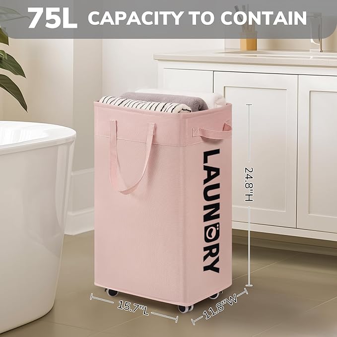 Goodpick 75L Laundry Hamper with Wheels, Dorm Room Essentials for Girls | Rolling Laundry Basket with Handles for Dirty Clothes, Fodable Hamper for Laundry Room, College Dorm, Pink