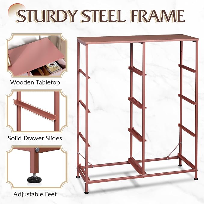 WLIVE Fabric Dresser for Bedroom, Tall Dresser with 8 Drawers, Storage Tower with Fabric Bins, Double Dresser, Chest of Drawers for Closet, Playroom, Dormitory, Pink and Rose Gold | Pink 8-drawer tall storage tower with fabric bins and wood tabletop, b...