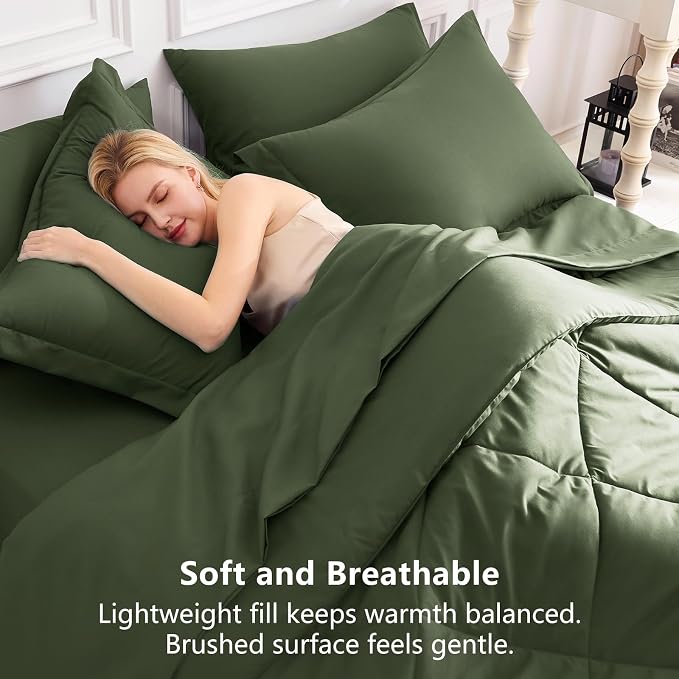 Twin XL Comforter Set Olive Green - 5 Pieces Complete Bedding Set | College Dorm Essentials, OEKO-TEX Certified, All Season, 240GSM Down-Alternative Comforter, Sheets, Pillowcase & Sham