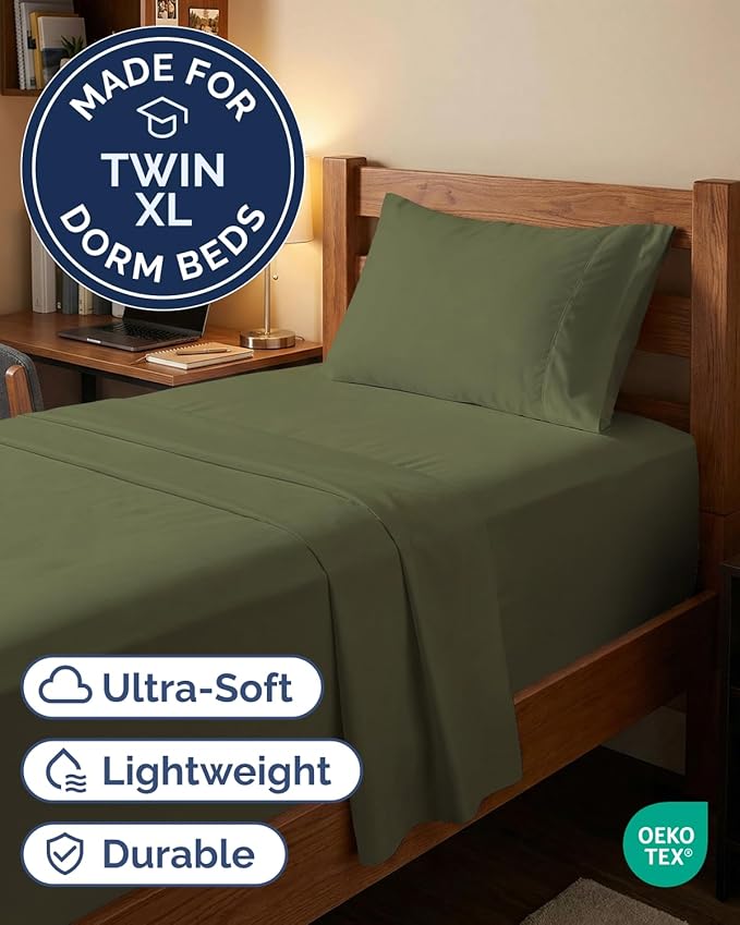 Extra Deep Twin XL Sheet Set - 3 Piece College Dorm Room - Sage Green | Soft, Breathable & Cooling, Easily Fits 18 to 24 inch Mattress, Wrinkle Free & Fade Resistant with Extra Deep Pockets