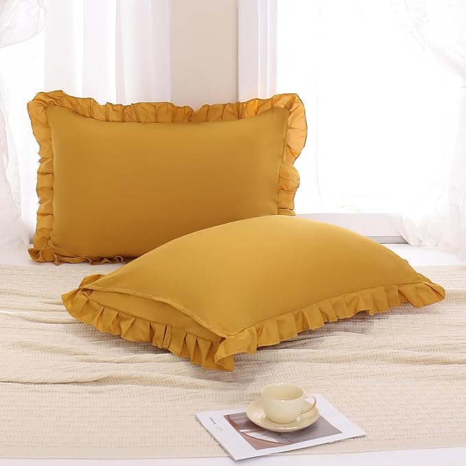 Merryword Mustard Yellow Pillowcases Standard Pillowcases 20x26inch Set of 2 Ruffle Pillow Shams Cute Pillow Covers Solid Yellow Shabby Chic Pillowcases