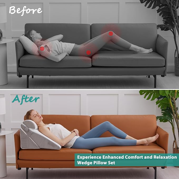 Wedge Pillow Set for After Surgery, Orthopedic Bed Wedge White/Grey | Adjustable 9&12 Inch, Bed Wedge Pillow For Headboard, Acid Reflux&Back Pain Relief, Sleeping&Sitting Up, Neck&Lumber Support