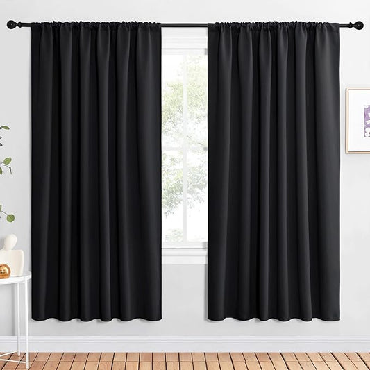 NICETOWN Black Blackout Curtains for Bedroom 62" Wide x 72" Long 2 Panels | Solid Thermal Insulated Window Treatment Blinds Drapes for Living Room, Light Blocking Room Darkening Noise Reducing Decor