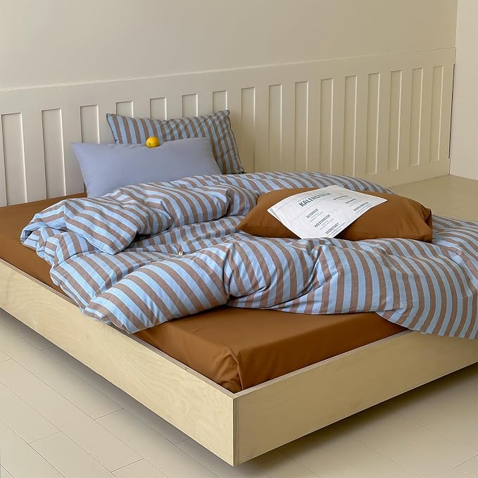 LifeTB Queen Comforter Set Vintage Striped Comforter Set, 3 Pieces Blue Brown Stripes Pattern Printed Comforter with 2 Pillowcases, Fluffy Soft Lightweight Retro Striped Bedding Set for All Seasons