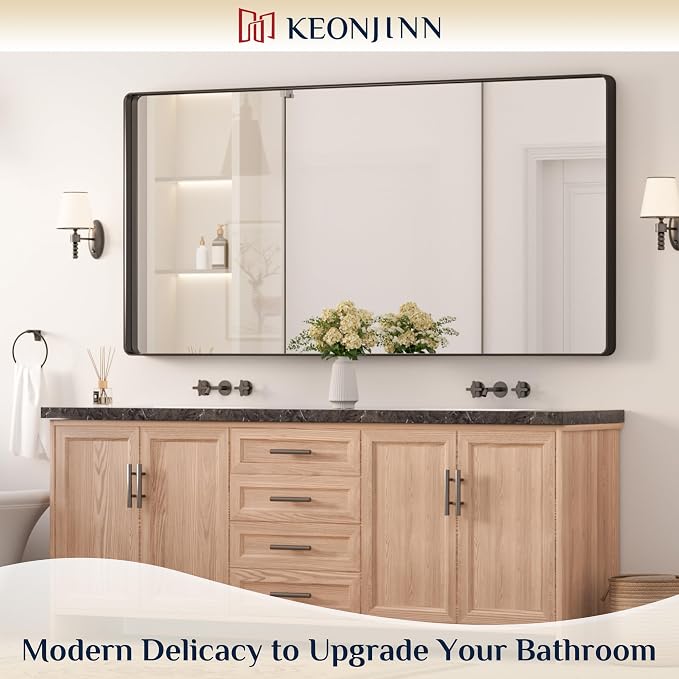 Keonjinn 72 x 36 Inch Black Bathroom Mirror for Over Sink, Tempered Glass | Sandblasted Finish, Matte Black Vanity Mirror, Anti-Rust, Seamless Aluminum Frame, Rounded Rectangle, French Cleat Mount