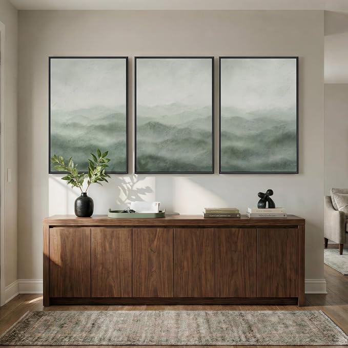 Large Framed Green Abstract Wall Art for Living Room, 3 Piece Set 24x36 In | Minimalist mountain landscape pictures, Canvas prints, Wood frame, Modern nature painting, Wall decor for bedroom dining room