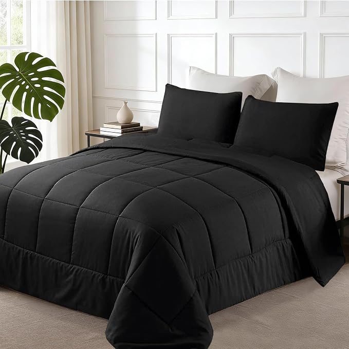 Exclusivo Mezcla Reversible Soft King Comforter Set, 3 Pieces | Black Lightweight Microfiber Down Alternative Comforters, All-Season Bedding with 2 Pillow Shams