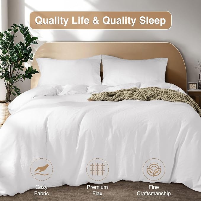 SONORO KATE 100% French Linen Full Duvet Cover Set,Zipper Closure,3PC | Natural French Flax,Soft Breathable for Hot Sleepers,Moisture Wicking & Durable,4 Corner Ties,White