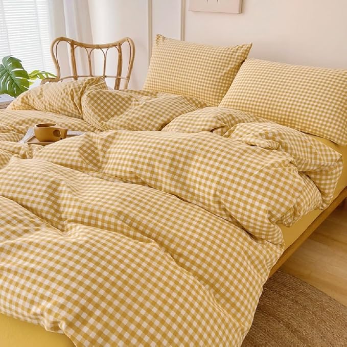 LifeTB Yellow Gingham Comforter King Comforter Set Geometric Checkered Plaid Bedding Comforter with 2 Pillowcases Fluffy Soft Lightweight Bedding Boho Grid Plaid Comforter Set King for All Seasons
