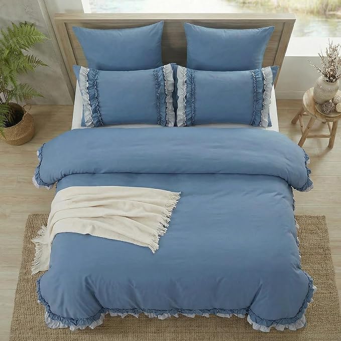Blue Ruffle Duvet Cover Set Shabby Chic Boho Bedding King Elegant Lace Fringe Ruffled Bedding Super Soft Lightweight All Season Duvet Cover with Pillowcases