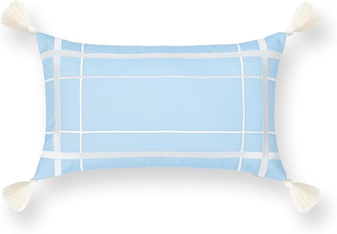 Hofdeco Premium Coastal Patio Indoor Outdoor Lumbar Pillow Cover Only, 12"x20" Water Repellent for Backyard, Couch, Baby Blue Embroidered Line Frame