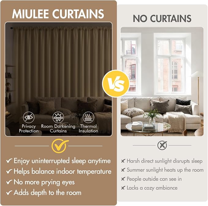 MIULEE Dark Beige Blackout Curtains 4 Panels Set 72 Inch Length Bedroom | Thermal Curtains for Summer Heat, Light Blocking Privacy Window Drapes, Top&Bottom Rod Pocket