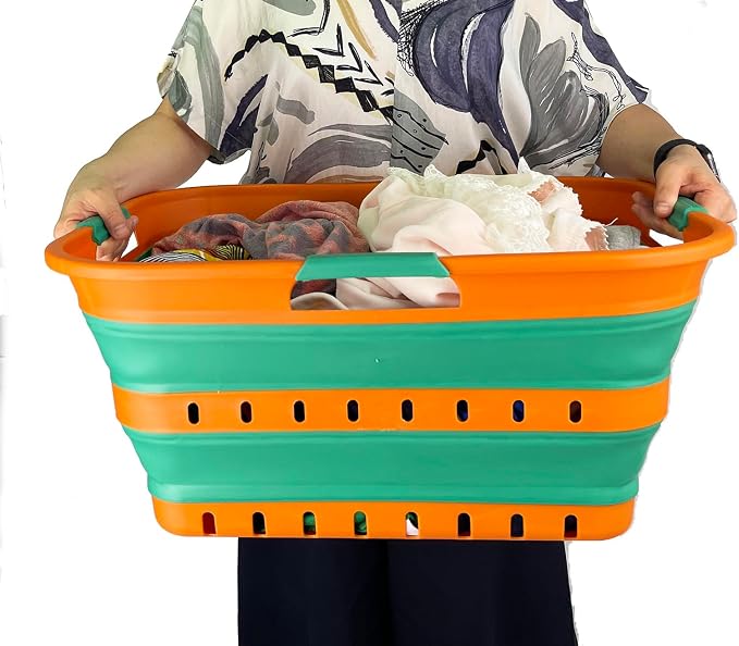 SAMMART 42L (11 gallon) Collapsible Plastic Laundry Basket - Foldable Pop Up Storage Container/Organizer - Space Saving Hamper/Basket (1, Autumn Leaf/Forest Green)