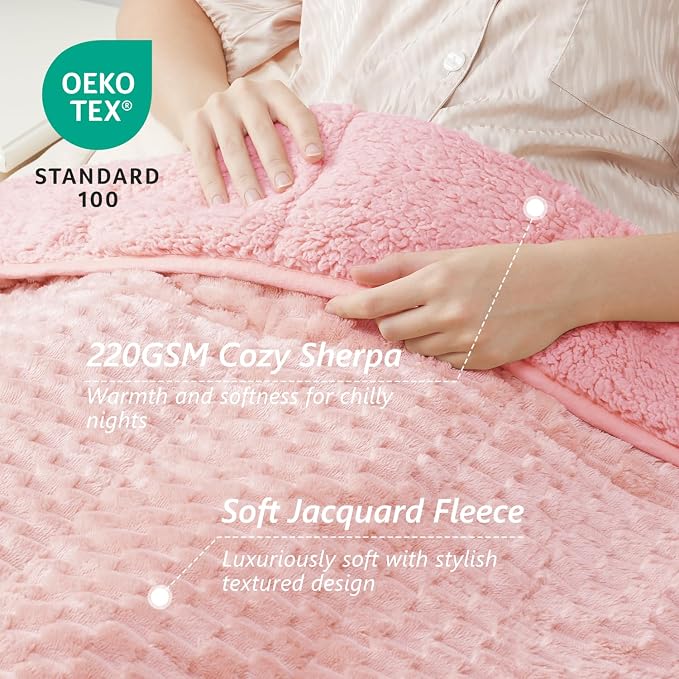 Mr. Sandman Weighted Blankets for Adults, Queen Size 60 x 80 Inches, 15lbs | Machine Washable; Soft Warm Sherpa Fleece; Jacquard Flannel Filled with Glass Beads; Heavy Throw for Sleep and Calm; Pink