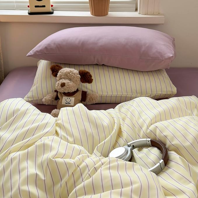 mixinni Pastel Yellow Lavender Striped Twin XL Duvet Cover Set, Soft Premium Washed Microfiber Aesthetic Stripes Comforter Cover with Hidden Zipper & Corner Ties, 3 Piece Sweet Teen Bedding for Girls