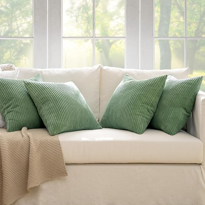 MIULEE Soft Corduroy Decorative Throw Pillow Covers Sage Green 18x18 | Set of 4, Mordern Nordic Home Decor, All Same Color Set, Boho Farmhouse Cushion Covers for Couch Bed Sofa Living Room